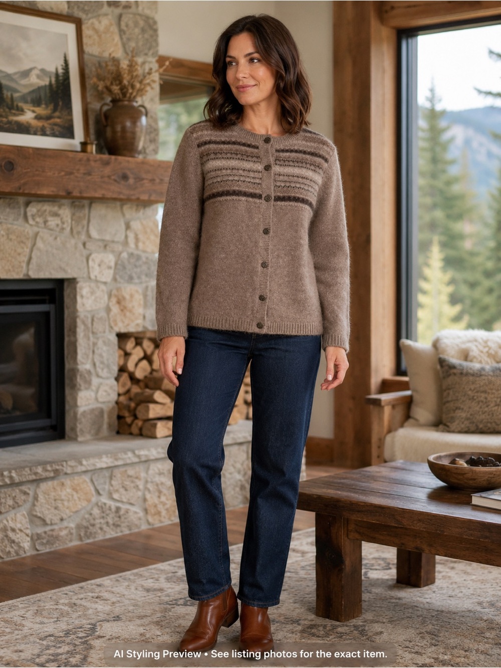 Vintage Frost Women’s L 100% Lambswool Brown Fair Isle Nordic Cardigan Sweater